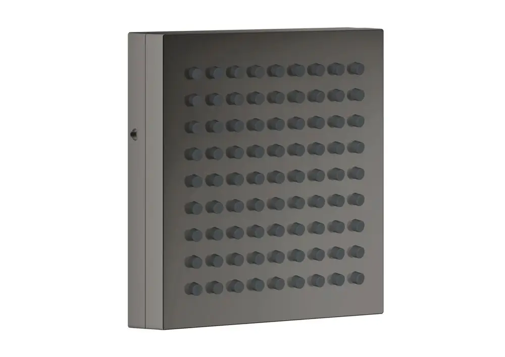 Schwarzes Duschpaneel mit vielen Einzelstrahldüsen, entworfen von AXOR. Die Oberfläche ist glatt und zeigt ein minimalistisches Design.